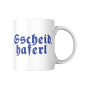 Preview: Weiße Keramiktasse mit bayerischem Spruch „Gscheidhaferl“ – Frontansicht