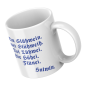 Preview: chrägansicht der bayerischen Keramiktasse mit humorvollem Glühwein-Spruch in Blau