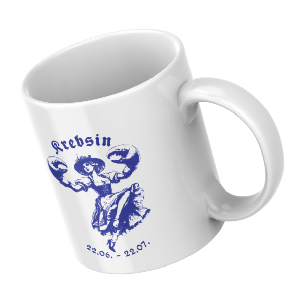 Tasse mit bayerischem Sternzeichen Krebs, seitliche Ansicht – ideal für Kaffee und Tee