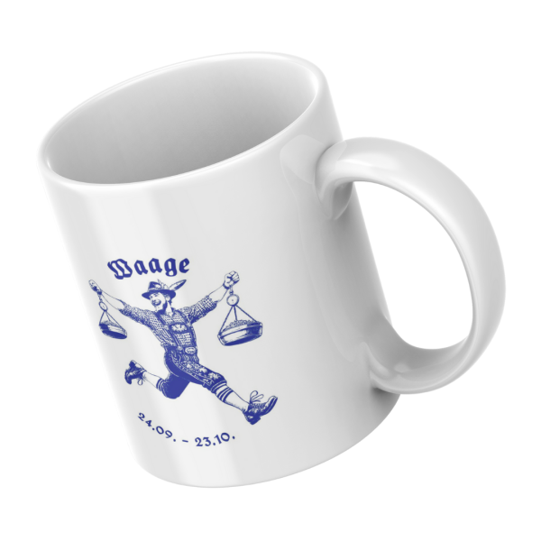 Detailansicht der weißen Keramiktasse mit bayerischem Waage-Sternzeichen-Motiv, männliche Version.