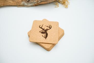 Geschenk, Kork, Untersetzer, Glasuntersetzer, Hirsch-Motiv, Bayern, Naturkork, Hochwertig, Geschenkartikel, Laser-Gravur, Personalisierung, Hitzebeständig, Rutschfest