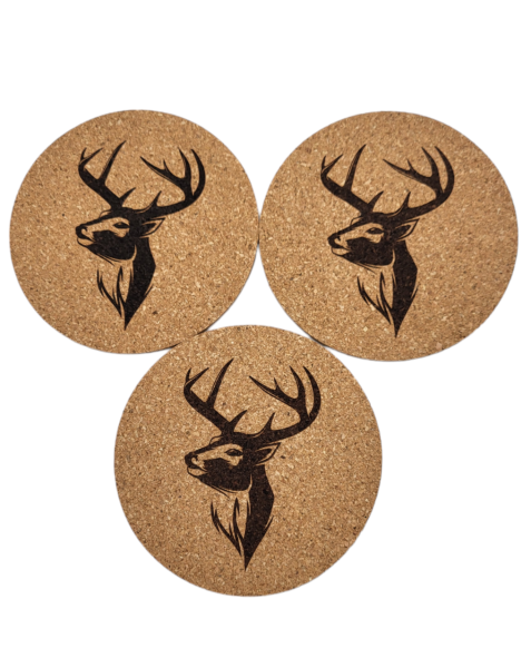 Geschenk, Untersetzer, Kork, Rund, Glasuntersetzer, Naturkork, Laser-Gravur, Hirsch Motiv, Einzugsgeschenk, WG-Einstand, Weihnachtsgeschenk, Bayern, Woidladinger.de
