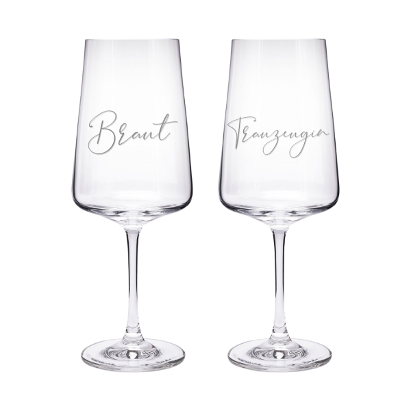 Personalisierte Rotweinglas für Hochzeiten – Aufschrift "Braut" oder "Trauzeugin" bei woidladinger.de