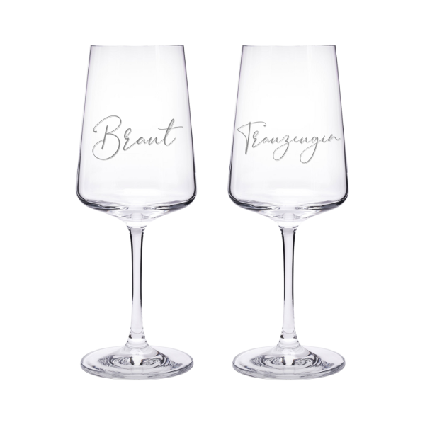 Personalisiertes Weißweinglas für Hochzeiten – Aufschrift "Braut" oder "Trauzeugin" bei woidladinger.de