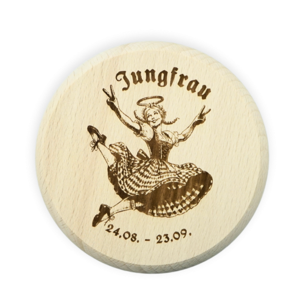 Gravierter Holz-Bierglasdeckel mit Sternzeichen Jungfrau