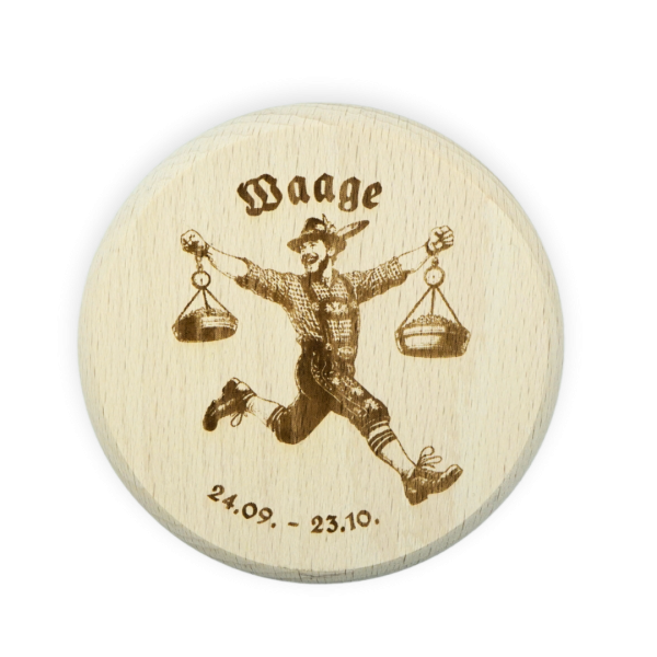 Gravierter Bierglasdeckel aus Holz mit bayrischem Sternzeichen Waage