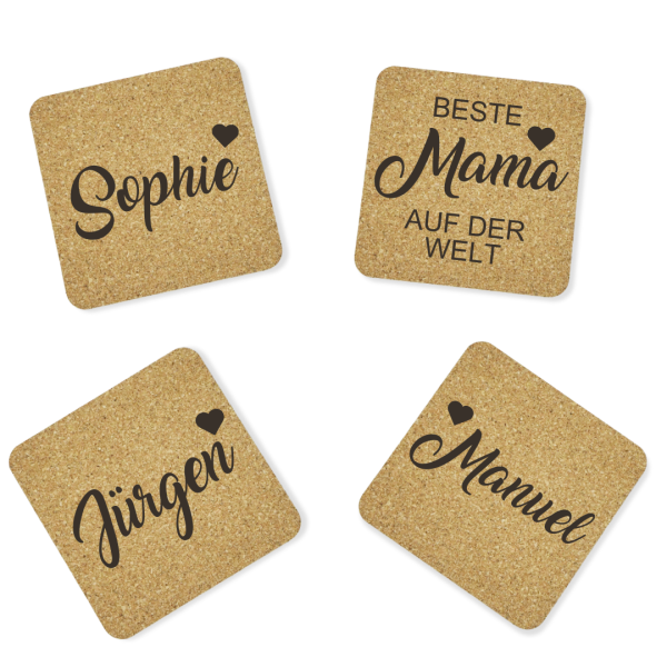Umweltfreundliche Geschenkidee für Mütter: Eckige Korkuntersetzer im 5er Set - bei woidladinger.de entdecken!