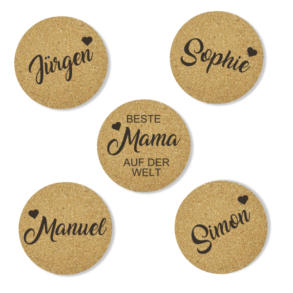 Perfektes Muttertagsgeschenk: 5er Set runder Korkuntersetzer - Nur bei woidladinger.de erhältlich!