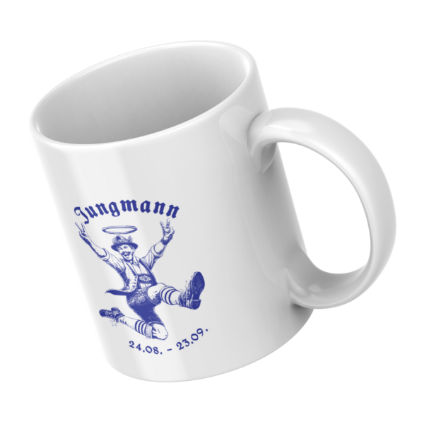 Schrägansicht der weißen Keramiktasse mit Jungfrau Sternzeichen Motiv, für Kaffee, Tee oder heiße Schokolade