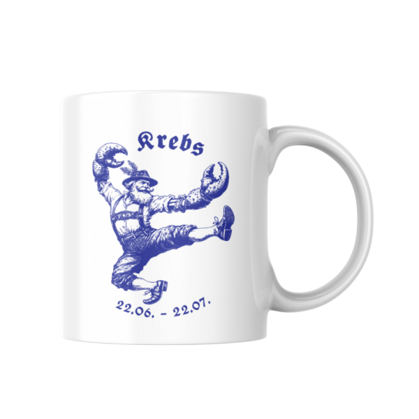 Weiße Keramiktasse mit blauem bayerischen Sternzeichen Krebs (männlich) im klassischen Design – perfekt für jeden Anlass.