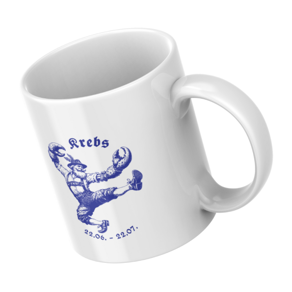 Seitenansicht der Keramiktasse mit bayerischem Krebs Sternzeichen Motiv in Blau – ideal für Ihre Tasse Kaffee.