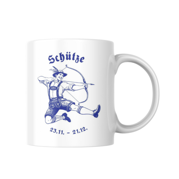 Weiße Keramiktasse mit blauem Schütze Sternzeichen Motiv im bayerischen Design