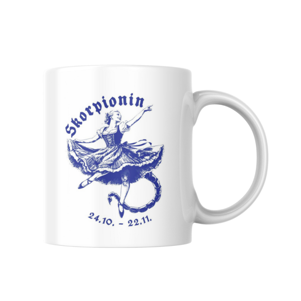 Weiße Keramiktasse mit blauem bayerischem Skorpion-Motiv, weibliches Design, ideal für heiße Getränke.