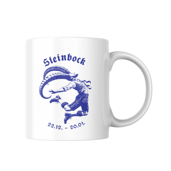 Weiße Keramiktasse mit blauem bayerischem Steinbock-Motiv, männliches Design – perfekt für dein Lieblingsgetränk.