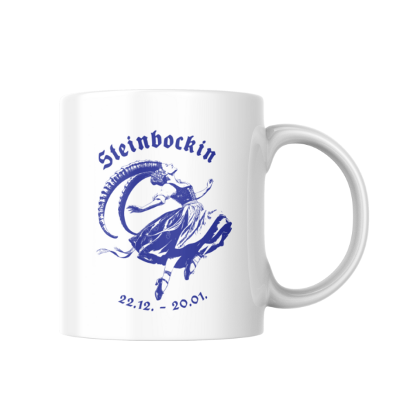 Weiße Keramiktasse mit bayerischem Steinbock Sternzeichen Motiv, weiblich – Perfekt für Kaffee oder Tee im Woidladinger Online Shop.