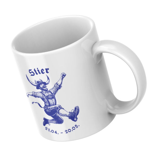 Weiße Keramiktasse mit bayerischem „Stier“-Sternzeichen Motiv, männlich, im Detail.