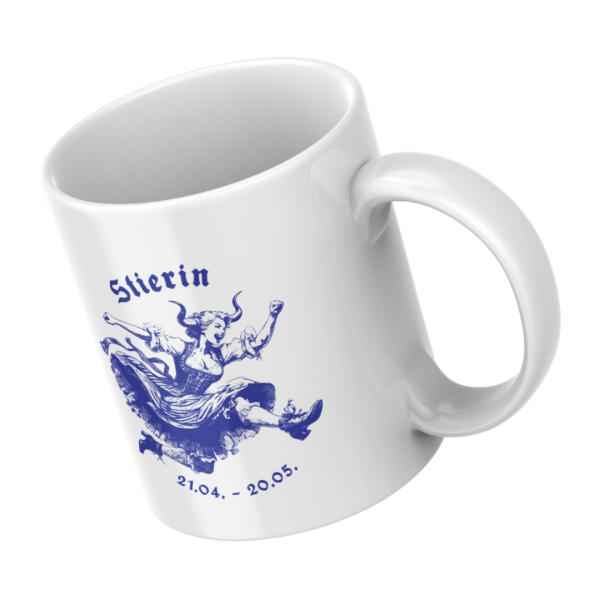 Schrägansicht der weißen Keramiktasse mit blauem bayerischem Sternzeichen Motiv Stier – weiblich, für Ihren Genussmoment.