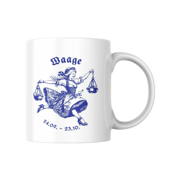 Weiße Keramiktasse mit bayerischem Sternzeichen Waage (weiblich) in Blau – Hochwertige Tasse