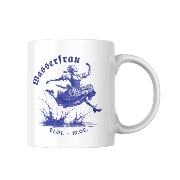 Weiße Keramiktasse mit bayerischem Sternzeichen Wassermann (weiblich)