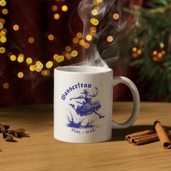 Weiße Keramiktasse Wassermann (weiblich) in festlicher Weihnachtsatmosphäre