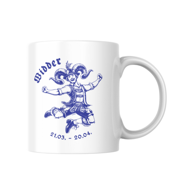 Weiße Keramiktasse mit bayerischem Sternzeichen Widder, männliches Motiv
