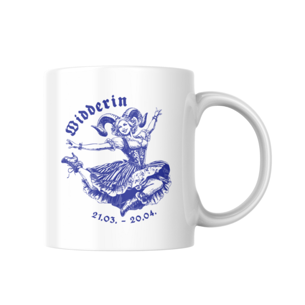 Weiße Keramiktasse mit bayerischem Sternzeichen Widder, weibliches Motiv