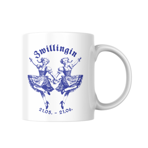 Weiße Keramiktasse mit bayerischem Sternzeichen Zwilling weibliches Motiv