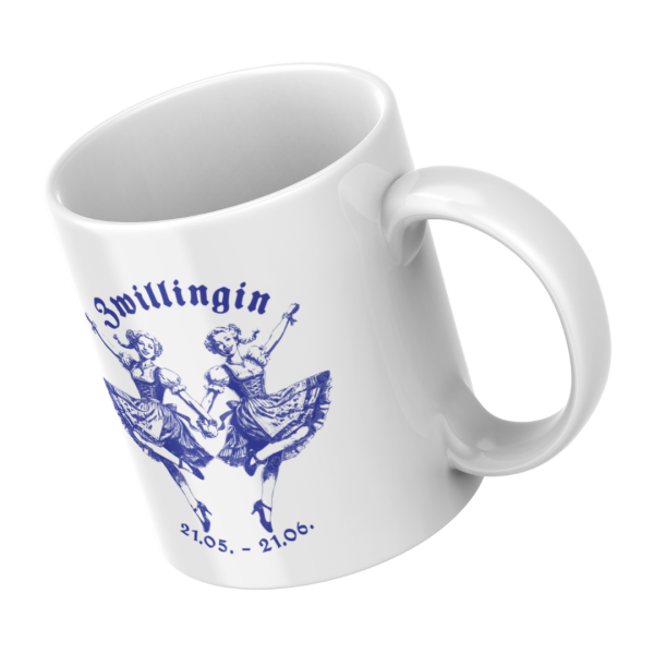 Weiße Tasse mit weiblichem Zwilling-Motiv, seitliche Ansicht