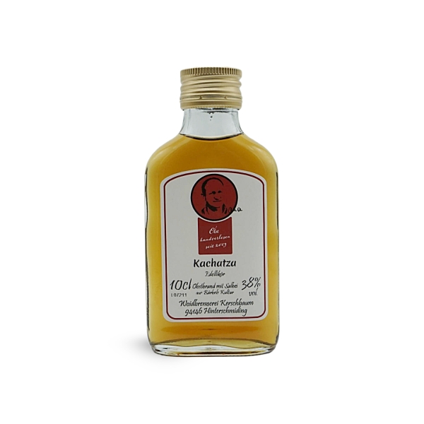 Ein Bild zeigt eine Auswahl verschiedener Kachatza Schnapssorten mit dem Text: "Vielfalt und Qualität vereint: Kachatza Schnaps von der Woidbrennerei – jetzt bei Woidladinger.de bestellen."